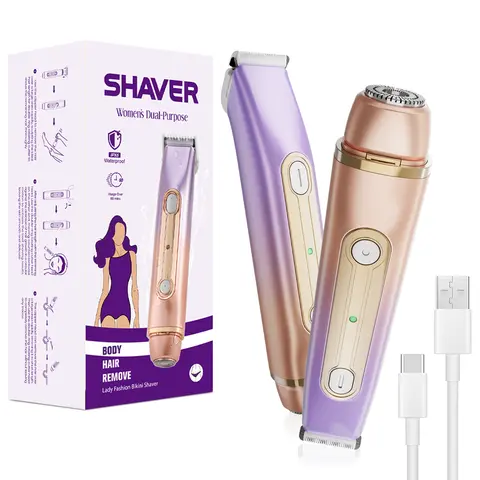 Women's 2-in-1 USB Rechargeable Cordless Body Hair Trimmer - Carbon Steel Epilator Electric Shaver with Anti-Pinch Ceramic Dual Heads, 7000 RPM, IPX6 Waterproof Grooming Tool with Adjustable Trimming Comb for Bikini & Body Areas