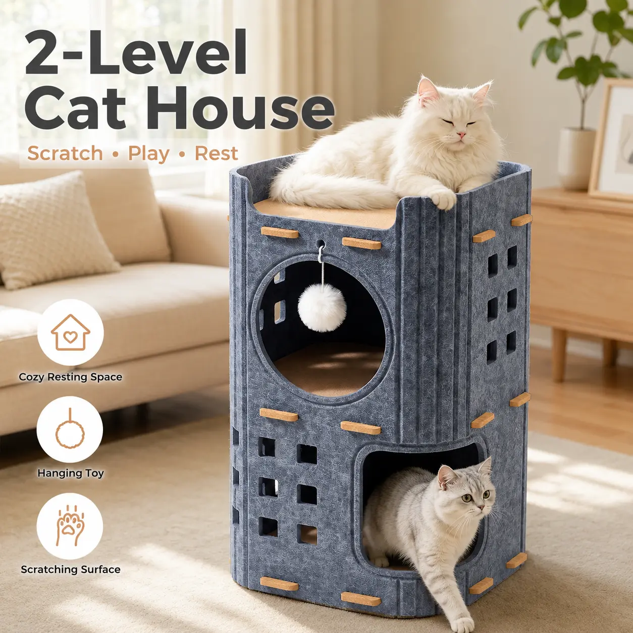 Minimalist 2-Story Felt Pet House - Multi-Level Tower Cave with Hanging Pom-Pom Toy, Scratch-Resistant Indoor Condo, Breathable Cozy Rest Lounge Furniture for Multi-Pet Homes, Tool-Free Assembly Hideaway Nest with Scratch Play & Wall Grids