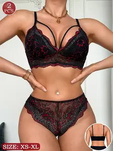 2-Piece Floral Lace Lingerie Set for Women - Black Red Sexy Strappy Adjustable Strap Bralette & Triangle Underwear, S-XL