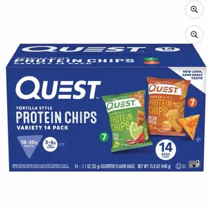 Quest Tortilla Style 18-20g Protein Chip Variety Pack, Chili Lime and Nacho Cheese 14 ct. Quest Tortilla Style 18-20g Protein Chip Variety Pack, Chili Lime and Nacho Cheese 14 ct.