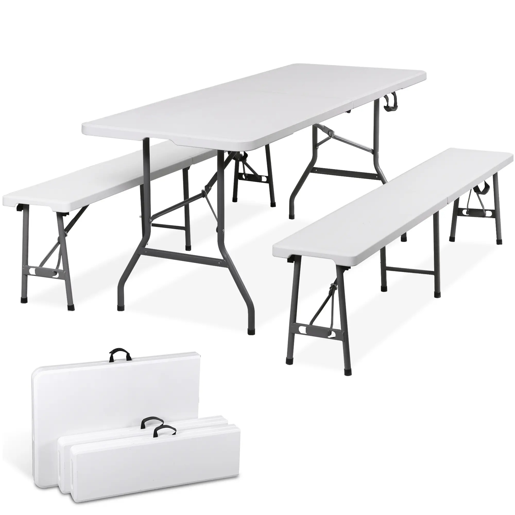 Zeny 6ft Sturdy 3-Piece Folding Steel Frame Outdoor Furniture Set - Heavy-Duty HDPE Plastic Picnic Dining Table with 2 Benches, All-Weather Handles, Indoor-Outdoor Use, Steel Frame Outdoor Furniture Sets