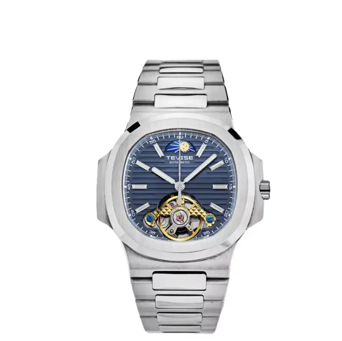 Men’s Silver Automatic Watch with Blue Dial & Moon Phase, Stainless Steel Nautilus Style Business Casual Wristwatch