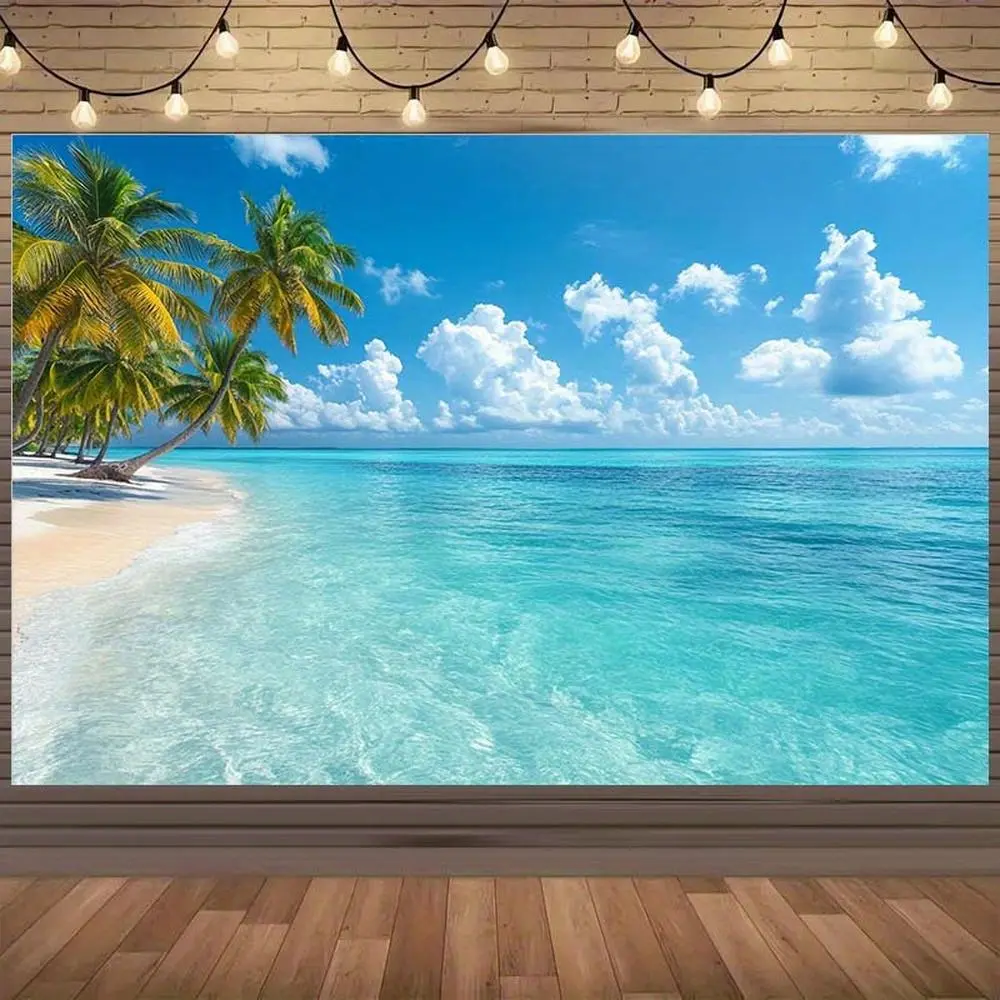 1pc 2D Flat Tropical Beach Backdrop with Palm Trees & Clear Blue Ocean - Soft Sand, Bright Sky for Stunning Photography, Parties, Events, and Outdoor Celebrations - Polyester Material, Perfect