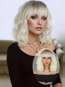 Lehanhair 14 Inch Synthetic Wavy Ombre Wig Wavy Synthetic Hairpiece Black Roots Gradually Change To Golden Gair Strands Comfortable Wear All Day Easy Maintenance Perfect for Daily Christmas Halloween Use