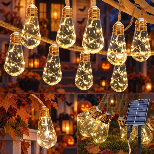 Solar String Lights Outdoor, 26 ft Warm White Hemp Rope Lights, 16 Shatterproof LED Bulbs, 8 Modes, IP65 Waterproof for Patio and Balcony