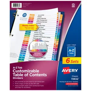 Avery A-Z Dividers for 3 Ring Binders, 26 Tabs per Set, Customizable Table of Contents, Multicolor Tabs (6 Sets of 11832)