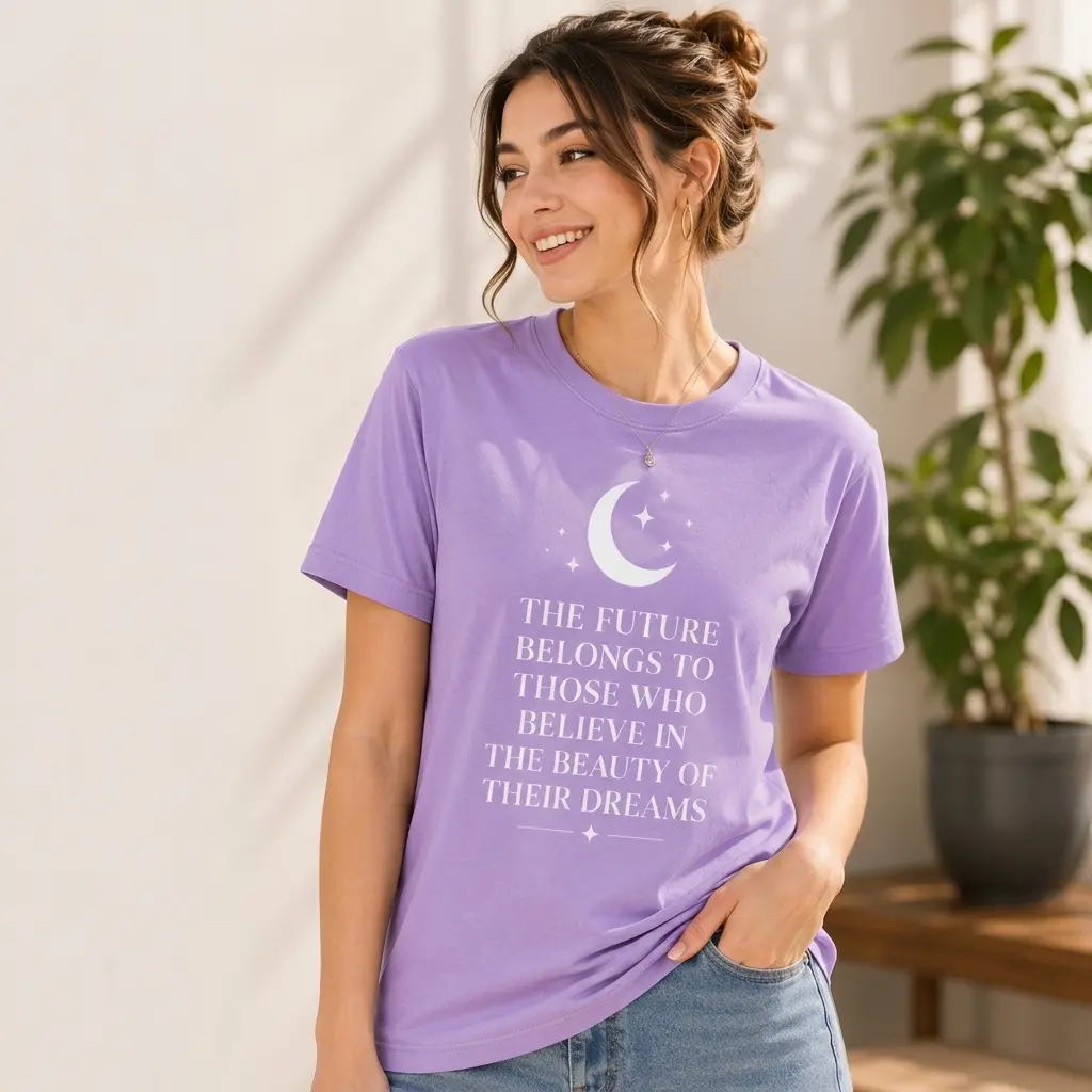 Lady's Fitted Lilac Short-Sleeve Crewneck T-Shirt, Women's Casual Elegant Top with Caption & Half Moon Design, Pair with Jeans or Skirts
