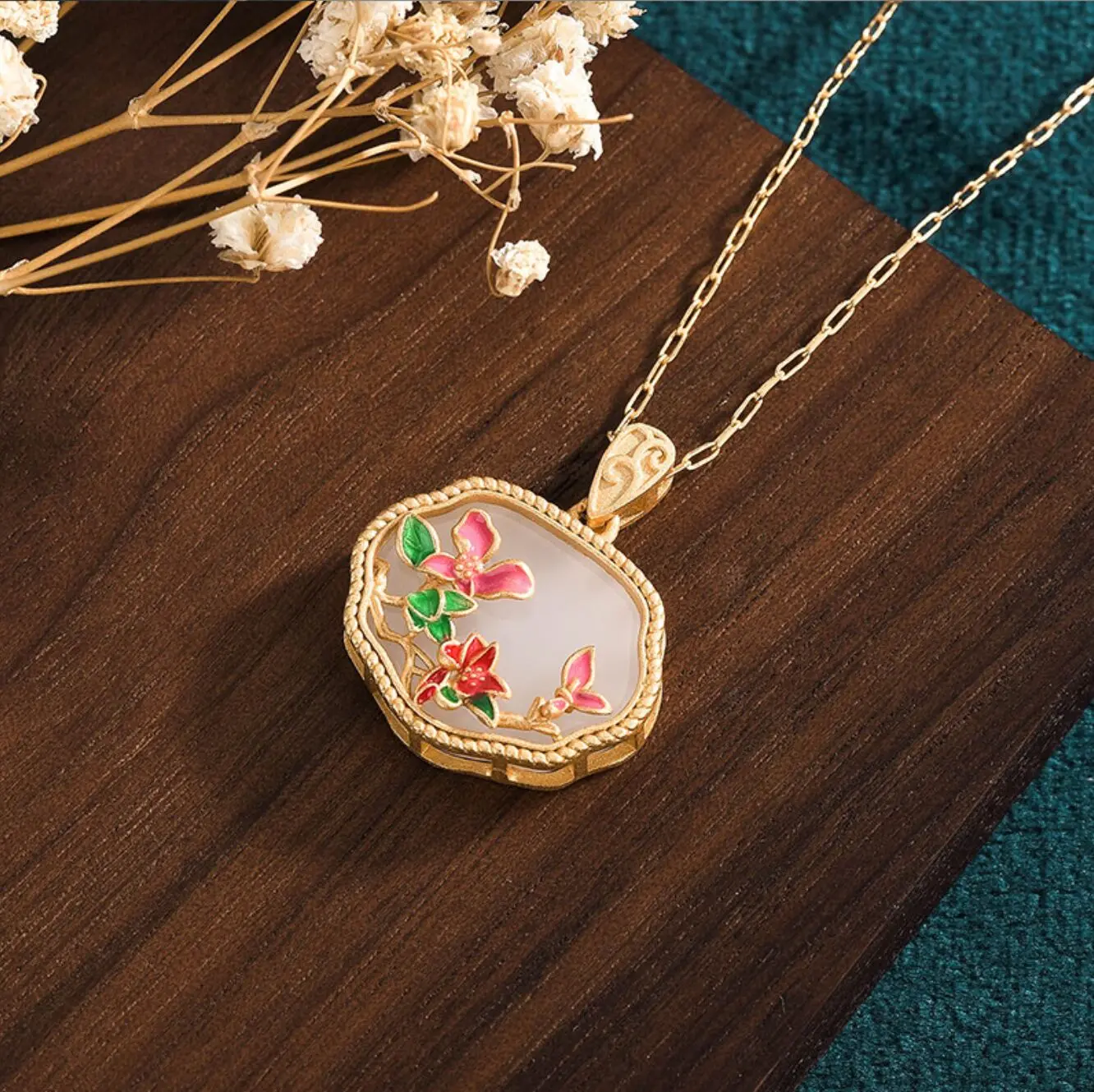 Jade Crystal Pendant Necklace Charm 18K Gold Plated Chain Flower Dainty Gemstone