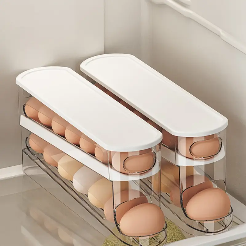 1 PC Auto Rolling Egg Holder for Fridge, Egg Dispenser, Refrigerator Accessories, Fridge Organization, Countertop, Kitchen, Space-saving Egg Roller/Organizer/Tray, Multi Functional Tray, Easy Access, Durable, Capacity Holds 12-14 Eggs