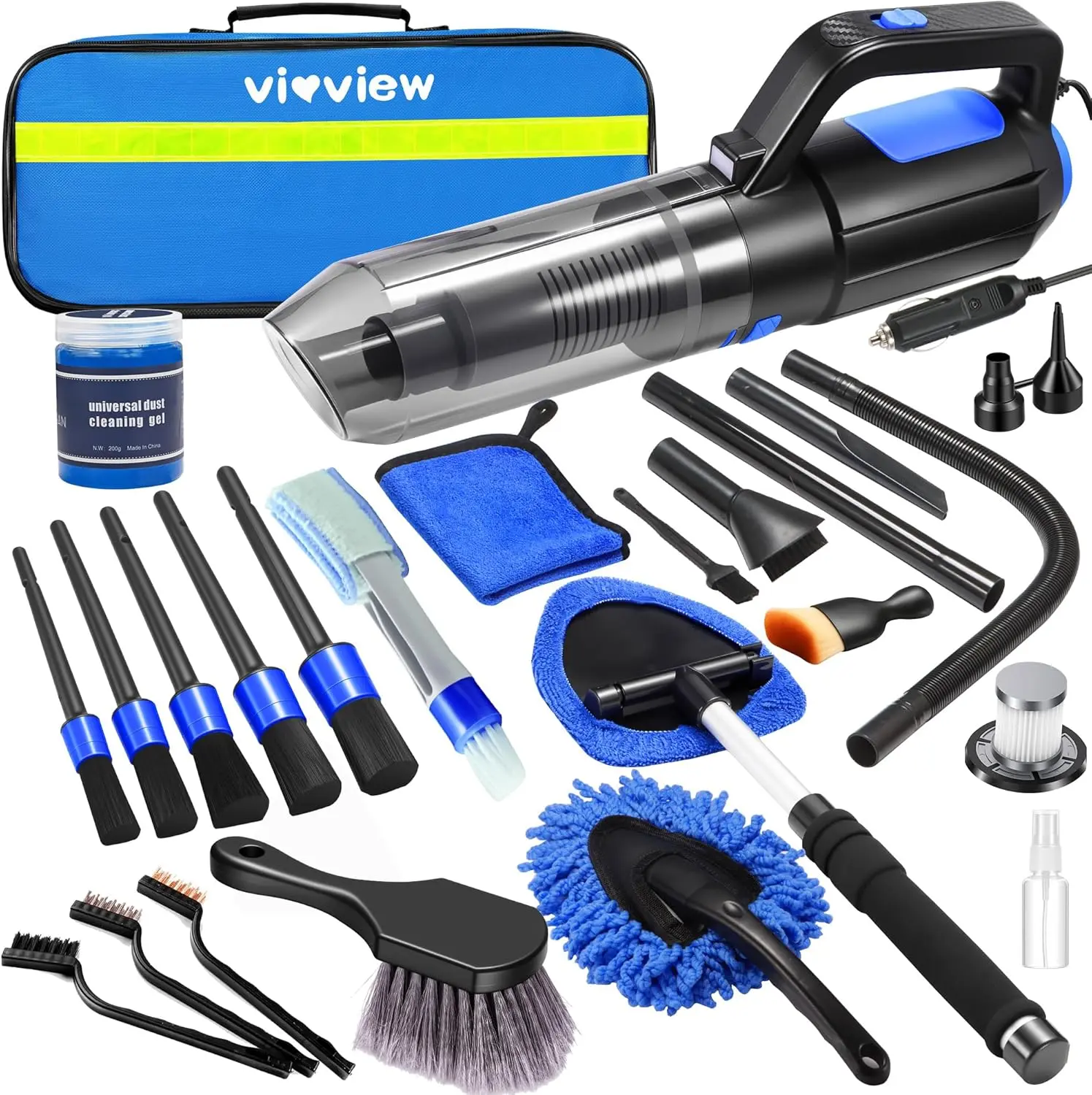 【summerfinds】vioview 25Pcs Car Cleaning Kit, Car Interior Detailing Kit with High Power Vacuum Cleaner and Air Duster,Windshield Gleaner,Cleaning Gel,Professiona Auto Cleaning Supplies for Men,Women(Blue).Christmas gift sets.
