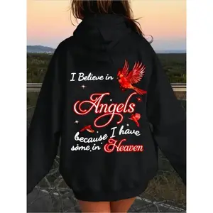 Women's Casual Angel Graphic Hoodie - Cozy Knit Pullover with Drawstring Hood, Velvet Lining, and Front Pocket, Black Red Design, Perfect for Fall Winter Cotton Fabric ziphoodies Sleeve Womenswear Sweatshirts Tops