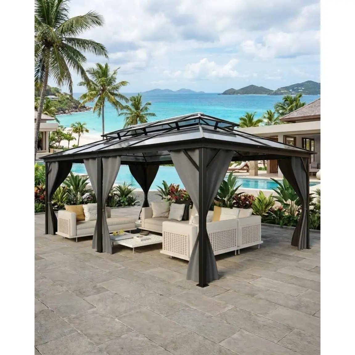 12′×20′ Hardtop Gazebo, All‑Weather Aluminum Frame Outdoor Canopy with Double Polycarbonate Roof – Permanent Gazebo with Netting & Curtains for Garden, Lawn, Patio