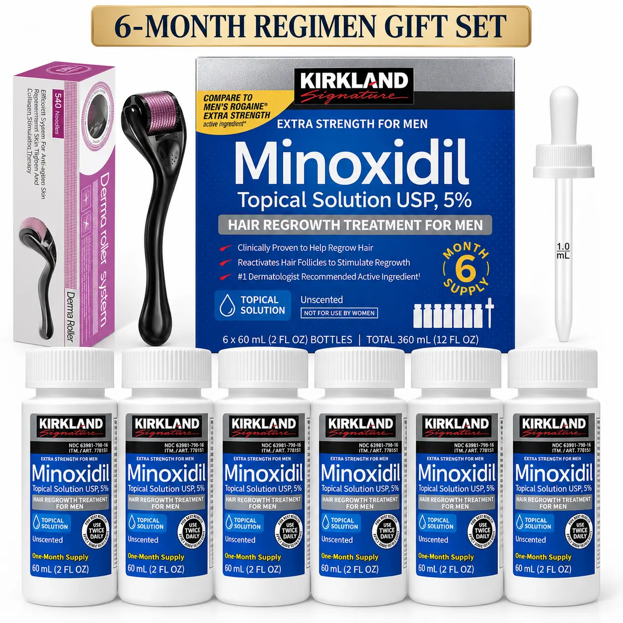 Kirkland 5% Minoxidil Topical Solution for Men, Extra Strength Hair Regrowth Treatment, 6-Month Supply (6 x 2 fl oz) with Precision Dropper Applicator, Daily Hair Enhancer for Thicker Looking Hair