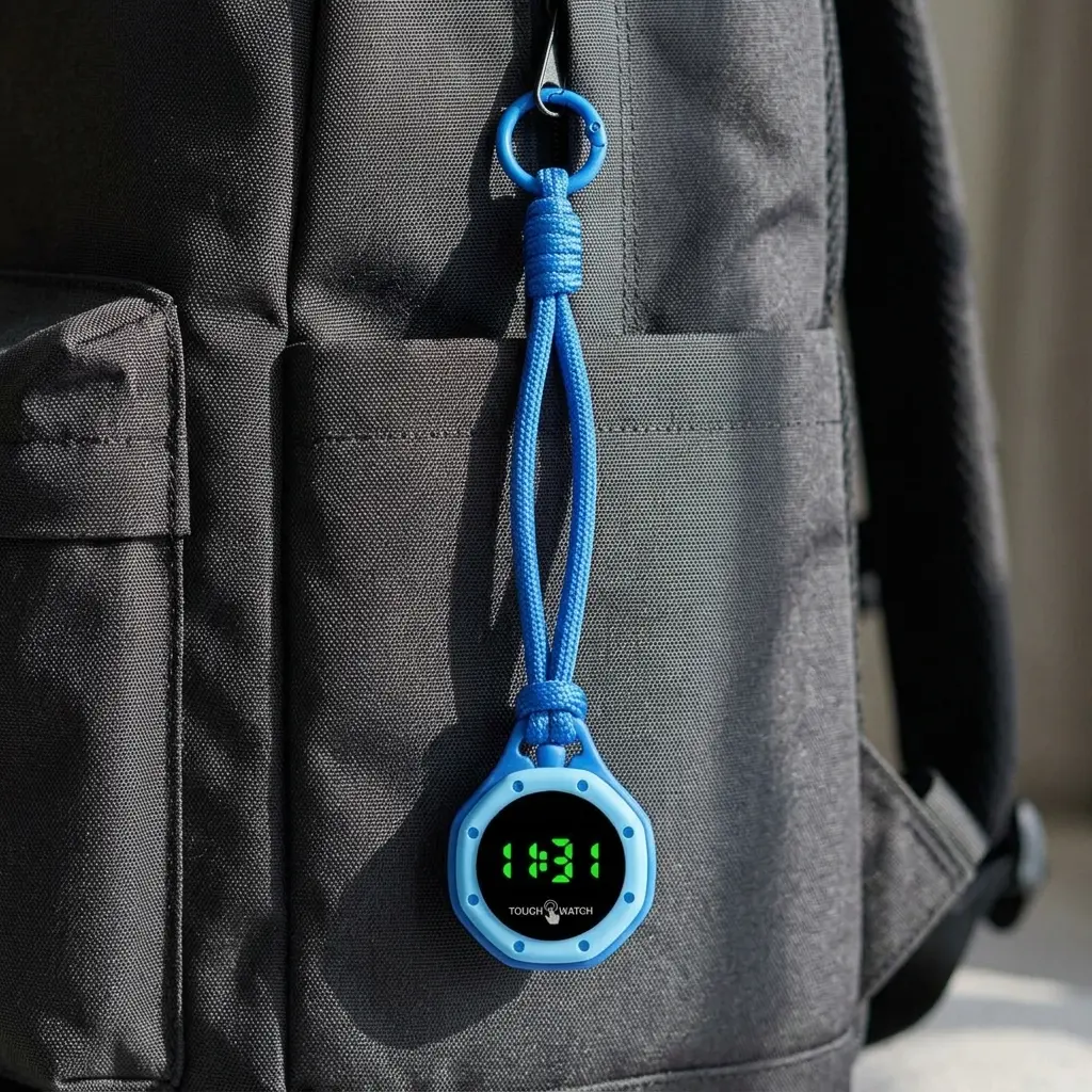 Trendy ABS Digital Pocket Watch for Students, Lightweight LED Clip-On Keychain Clock with Fabric Lanyard, Cute Pendant for School Bag & Party