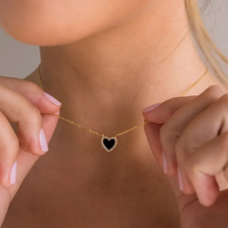 Pave Onyx Heart Necklace by Caitlyn Minimalist - Dainty 18K Gold Plated Charm Necklace - Black Cubic Zirconia Puff Heart Necklace - Holiday Gifts for Her