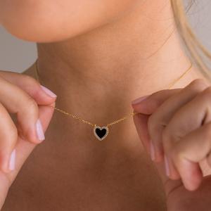 Pave Onyx Heart Necklace by Caitlyn Minimalist - Dainty 18K Gold Plated Charm Necklace - Black Cubic Zirconia Puff Heart Necklace - Graduation Gift for Her