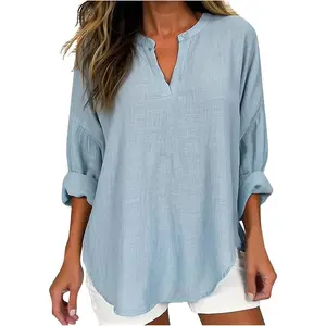 2026 Women's V-neck Cotton and Linen Pure Plus Size Shirt Top Womenswear Fitted Casual Blouse, V-neck cotton and linen solid color shirt, European and American style loose-fitting wide-cut linen long-sleeve shirt
