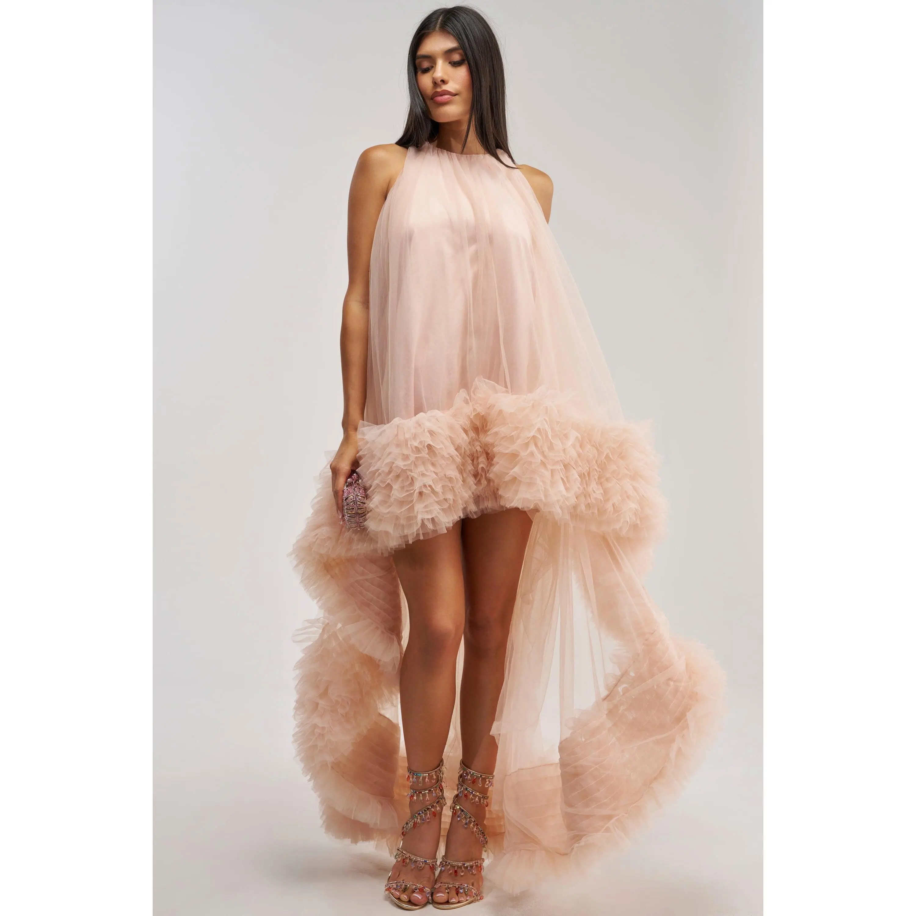 ARI TULLE RUFFLE HIGH LOW MINI DRESS IN BLUSH
