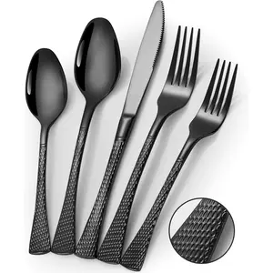 Hammered black silverware set for 4, stainless steel 20-piece modern cutlery set, mirror polished heavy duty Flatware Utensil Set, knives spoons and forks set, dishwasher safe
