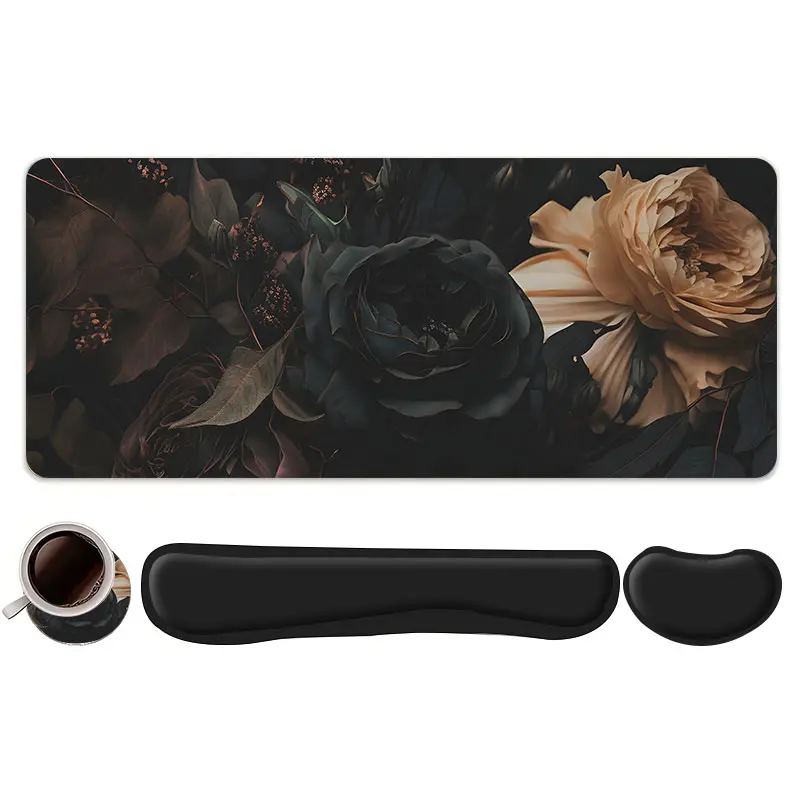 4pcs Vintage Floral Design Mouse Pad + Keyboard Wrist Rest + Coaster Set, Mouse Pad And Keyboard Wrist Rest, For Desktop Decoration, Ergonomic Wrist Support, Suitable For Home Office Gaming
