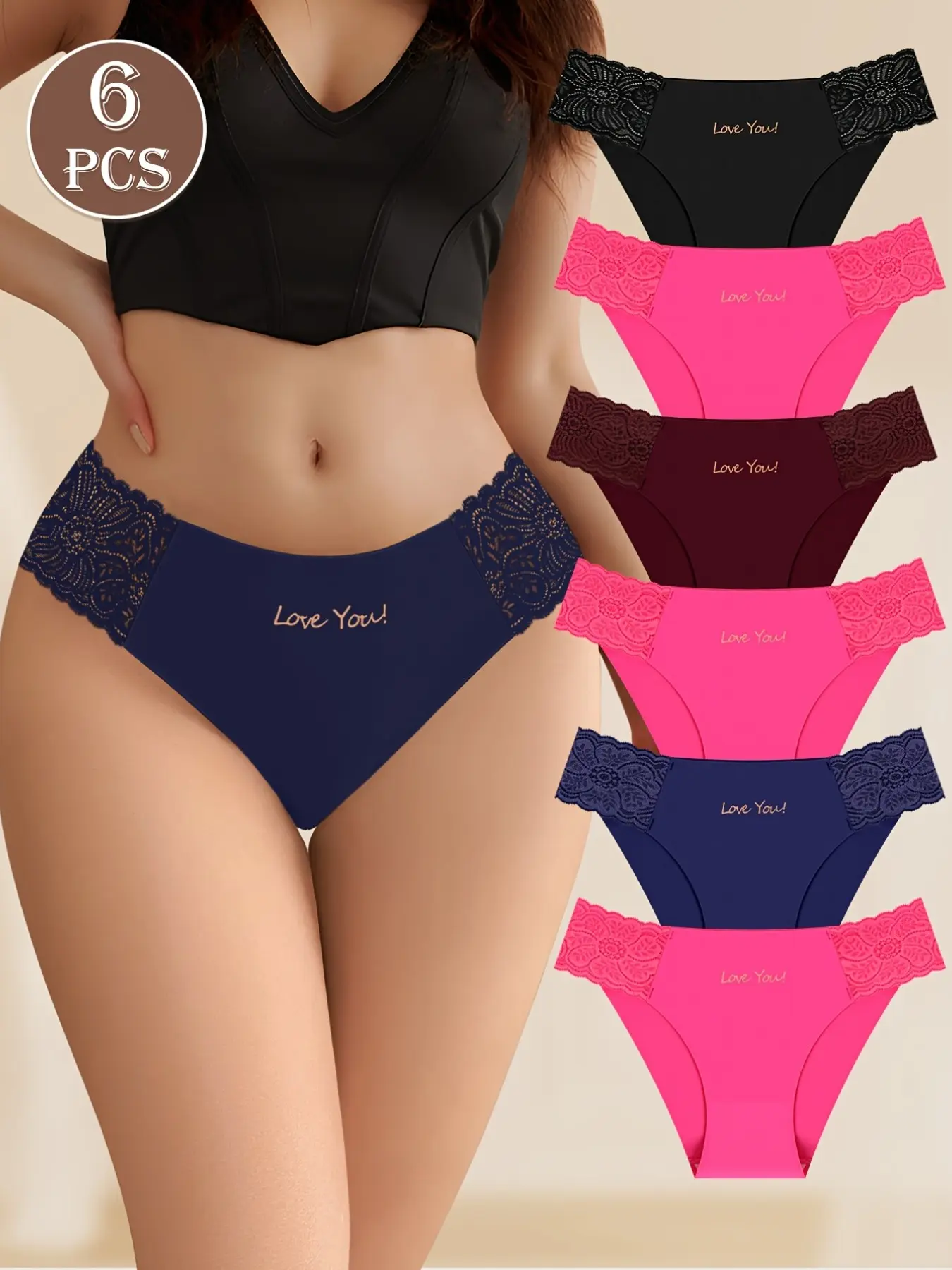 6-Pack Women's Lingerie Boho Low Waist Thong Underwear Panties, Plain Color, Lace Trim, Lightweight Breathable, Fitted Style, All Seasons