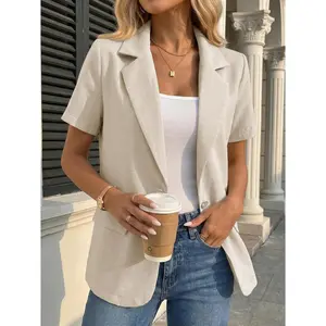 Mina Self 2026 Spring Women's Short Sleeve Blazer Jacket - Stretch Full-Lined One Button Lightweight Casual Work Pockets