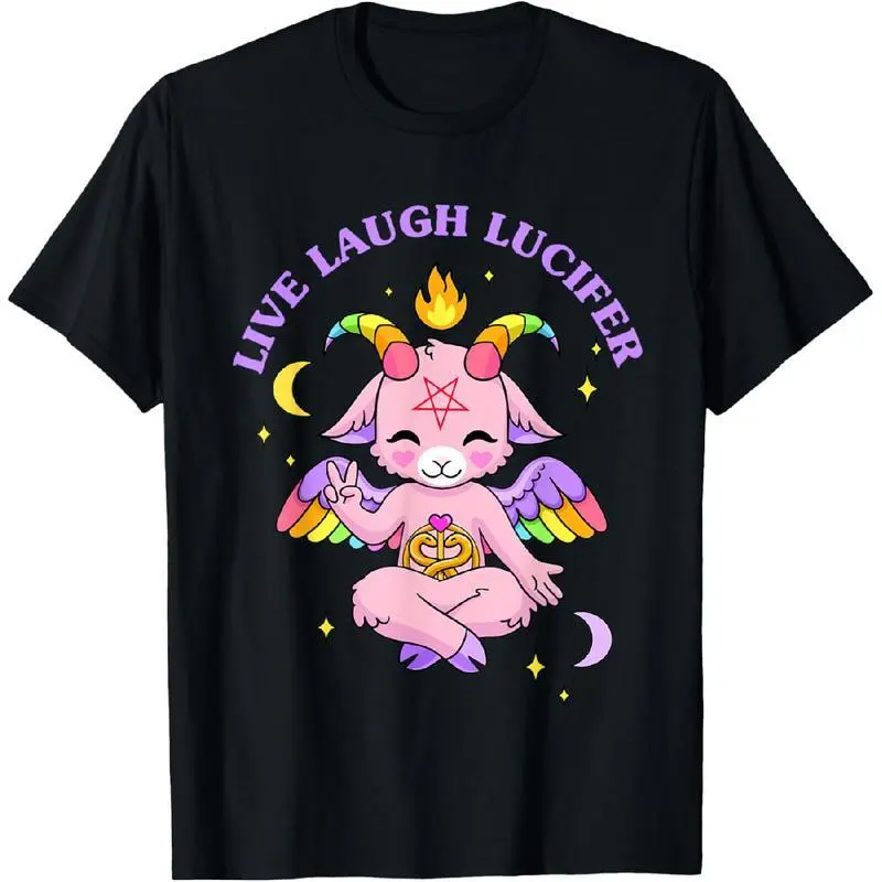Men's Unisex Live Laugh Lucifer Cute Baphomet Streetwear Short-Sleeve T-Shirt, Black, Breathable Everyday Fabric, Casual Fit Lightweight Tee, Shortsleeve, Graphic