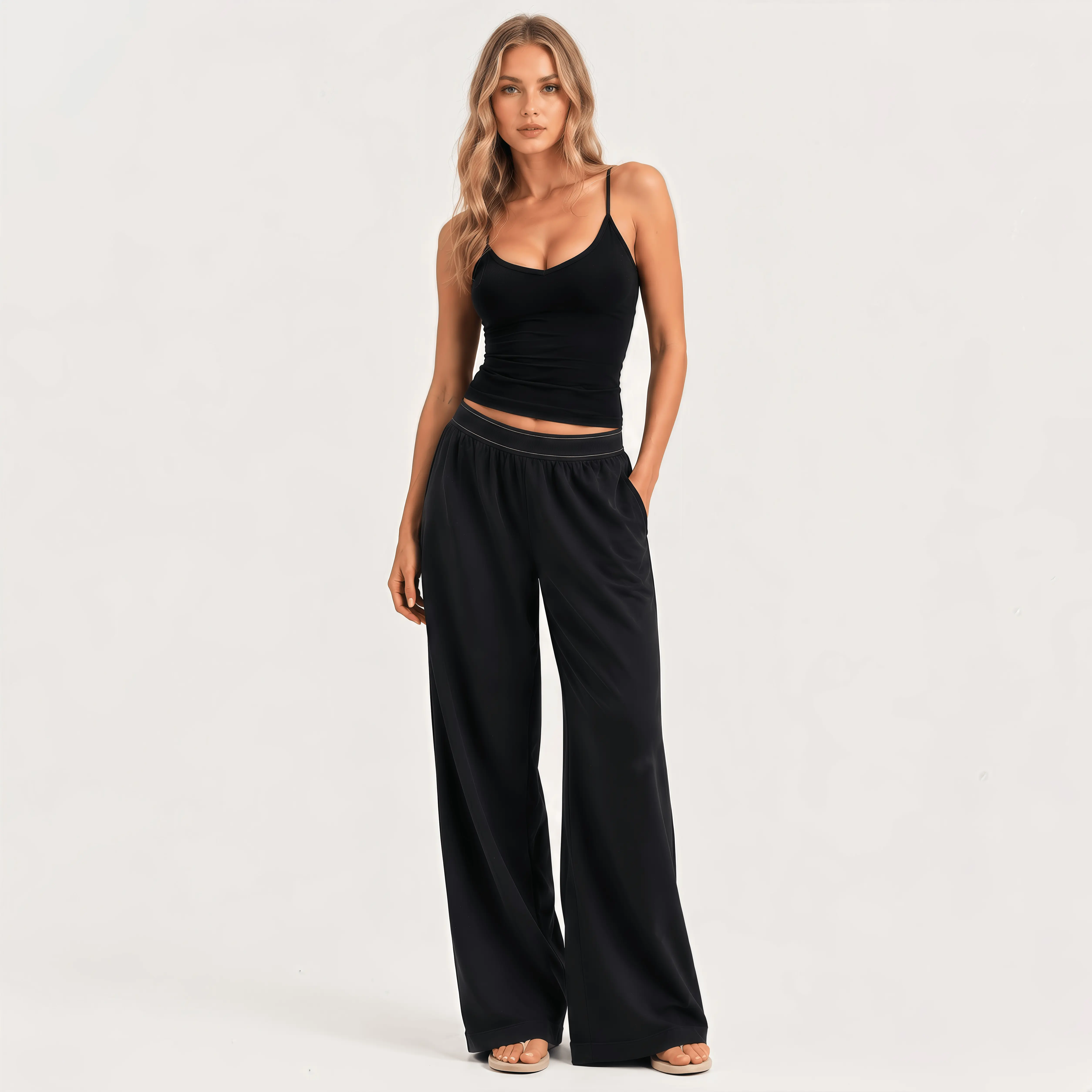 Women's High-Waisted Casual Wide-Leg Palazzo Pants with Pockets - Stretchy Comfortable Fabric Clothes, Soft Lightweight Style for Office, Travel, Everyday Wear, Black