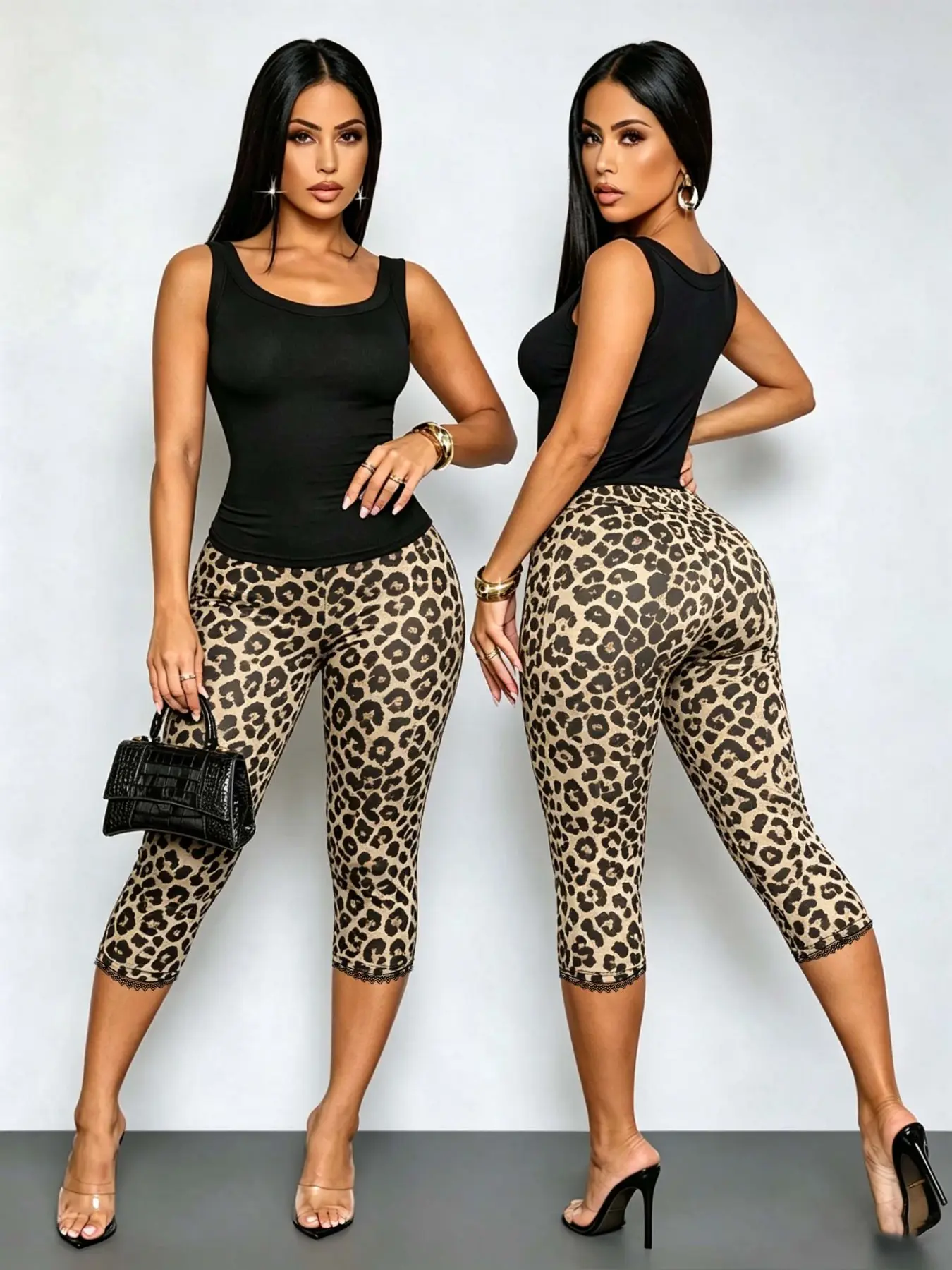 Women's Leopard Print Mesh Capri Pants Legging, High Waisted Sheer Lace Trim, Bodycon Mid-Calf, Stretchy See-Through, Slim_fit for Club, Party, Streetwear Bottom, Capri Leggings, High Waists Leggings