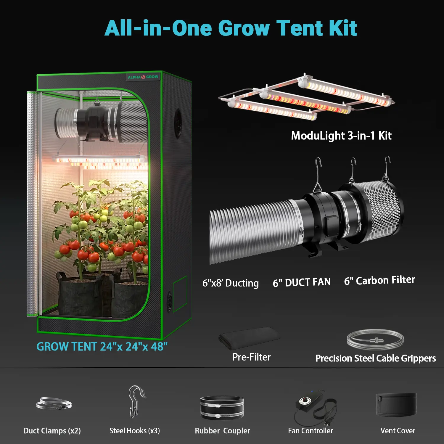 2x2 1800D Tent+6'' Complet Kit
