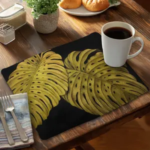 360 Stand Rectangular Monstera Leaf Placemat, 14x18 in, Gold Exotic Floral Design Kitchenware Accessory for Cutlery & Tableware, Tropical