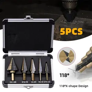 Step Drill Bits, HSS 5PCS Titanium Step Drill Bit Set, 50 Sizes in 5 High Speed Steel  Drill Bits Set for Sheet Metal with Aluminum Case, Multiple Hole Stepped Up Bits for DIY Lovers