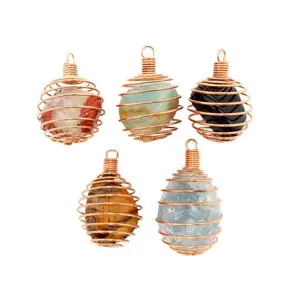 Copper Toned Wire Tumbled Stone Cage Pendant