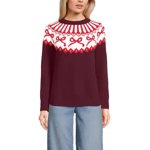 Lands' End Women's Drifter Jacquard Raglan Crew Neck Sweater - Small - Burgundy Bow Fairisle