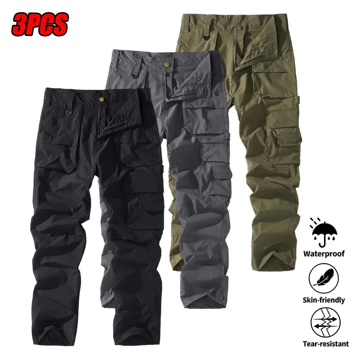 3PCS Men's Tactical Cargo Pants, Casual Work Pants, Durable Non-Stretch Fabric, Multi-Functional Pockets, Solid Color Design, Adjustable Waist, Machine Washable, Regular Fit for Hiking, Outdoor, and Casual Wear