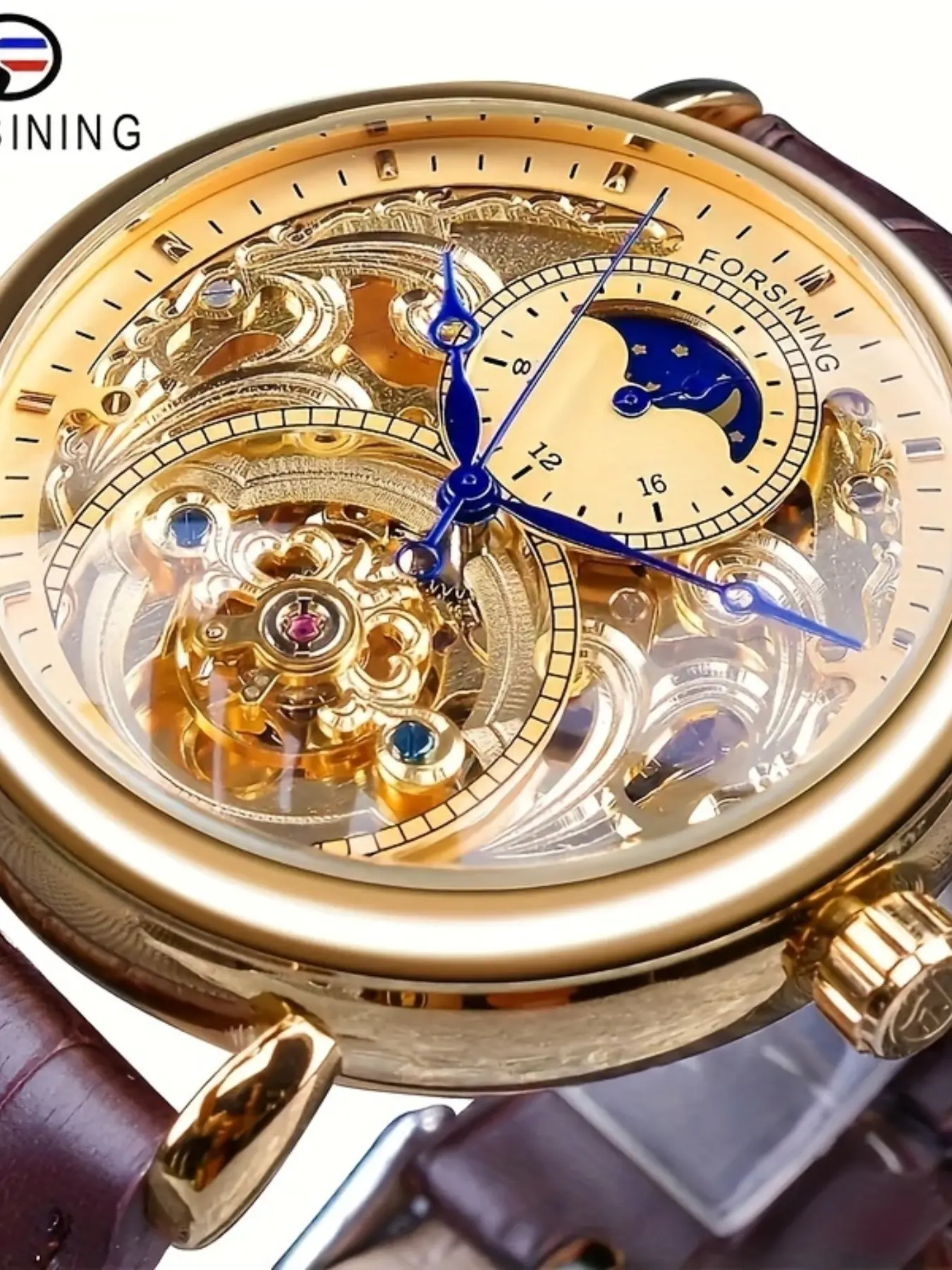 Forsining Vintage Men's Skeleton Mechanical Watch with Tourbillon Moon Phase, Analog Watch, Hands Stylish Casual Business Gift, Fashion Watch, Analog Mechanical Watches