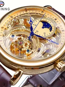 Forsining Vintage Men's Skeleton Mechanical Watch with Tourbillon Moon Phase, Hands Stylish Casual Business Gift