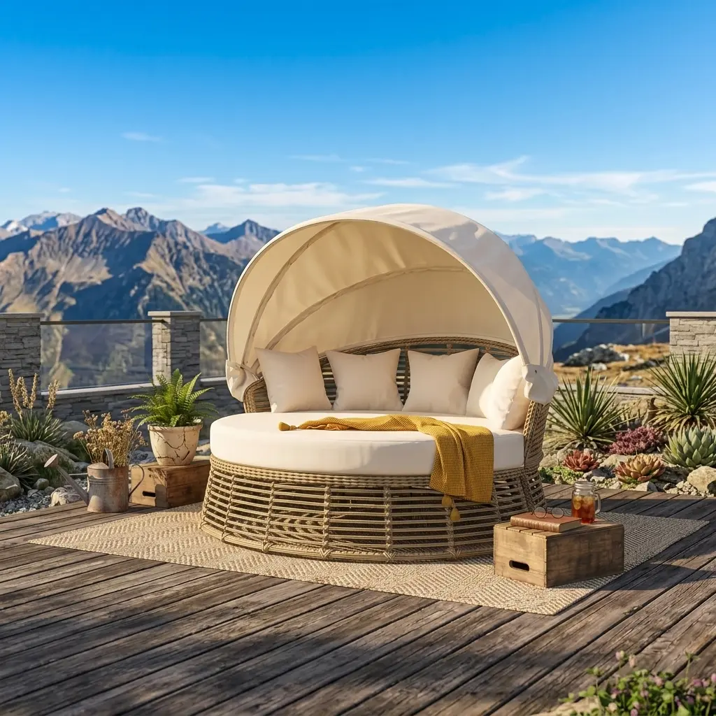 Outdoor Wicker Round Daybed with Retractable Canopy - All-Weather Rattan Sunbed with Washable Cushions for Backyard, Pool