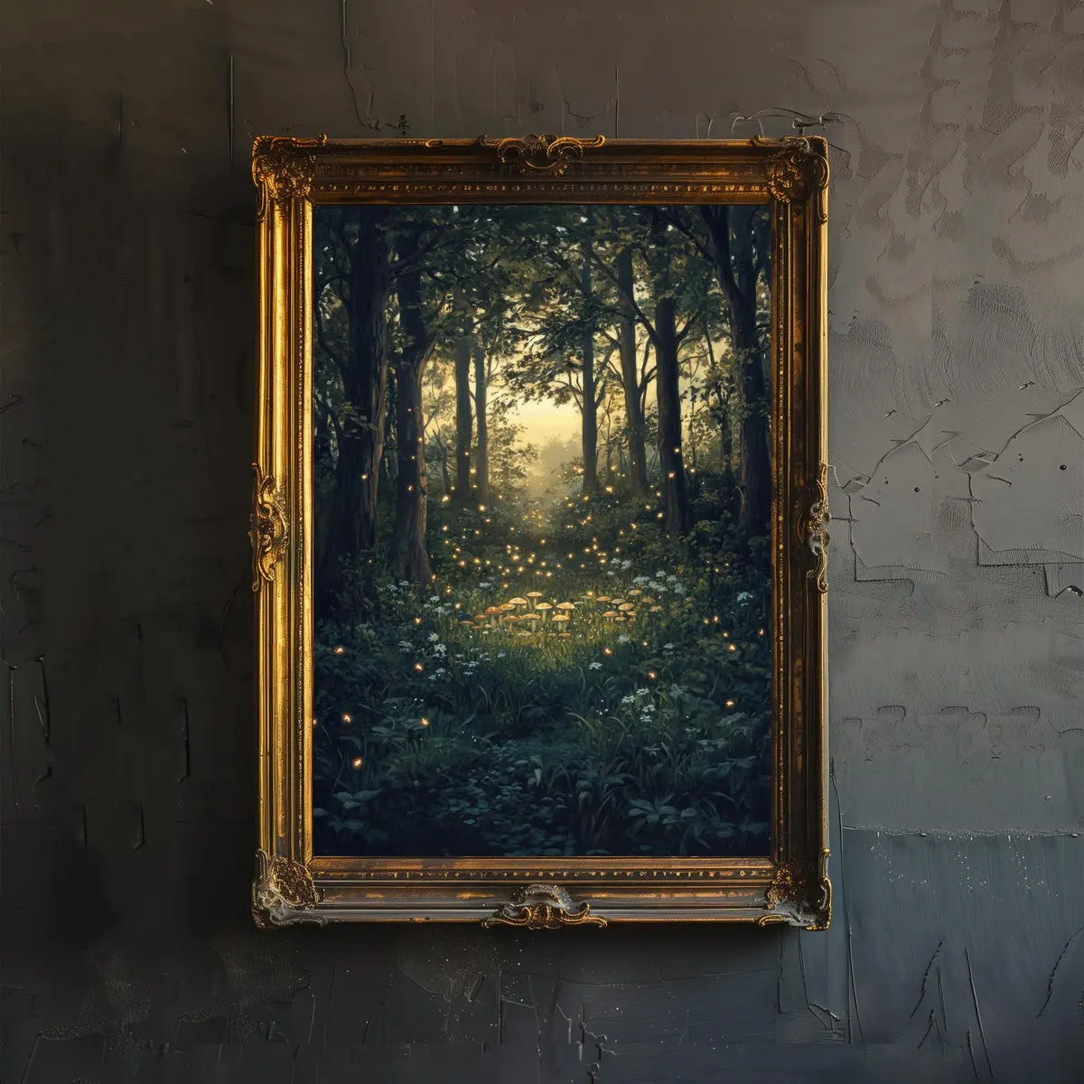 Twilight Fairy Ring with Fireflies Art Print Cottagecore Decor Whimsical Woodland Wall Art Vintage Nature, Unframe