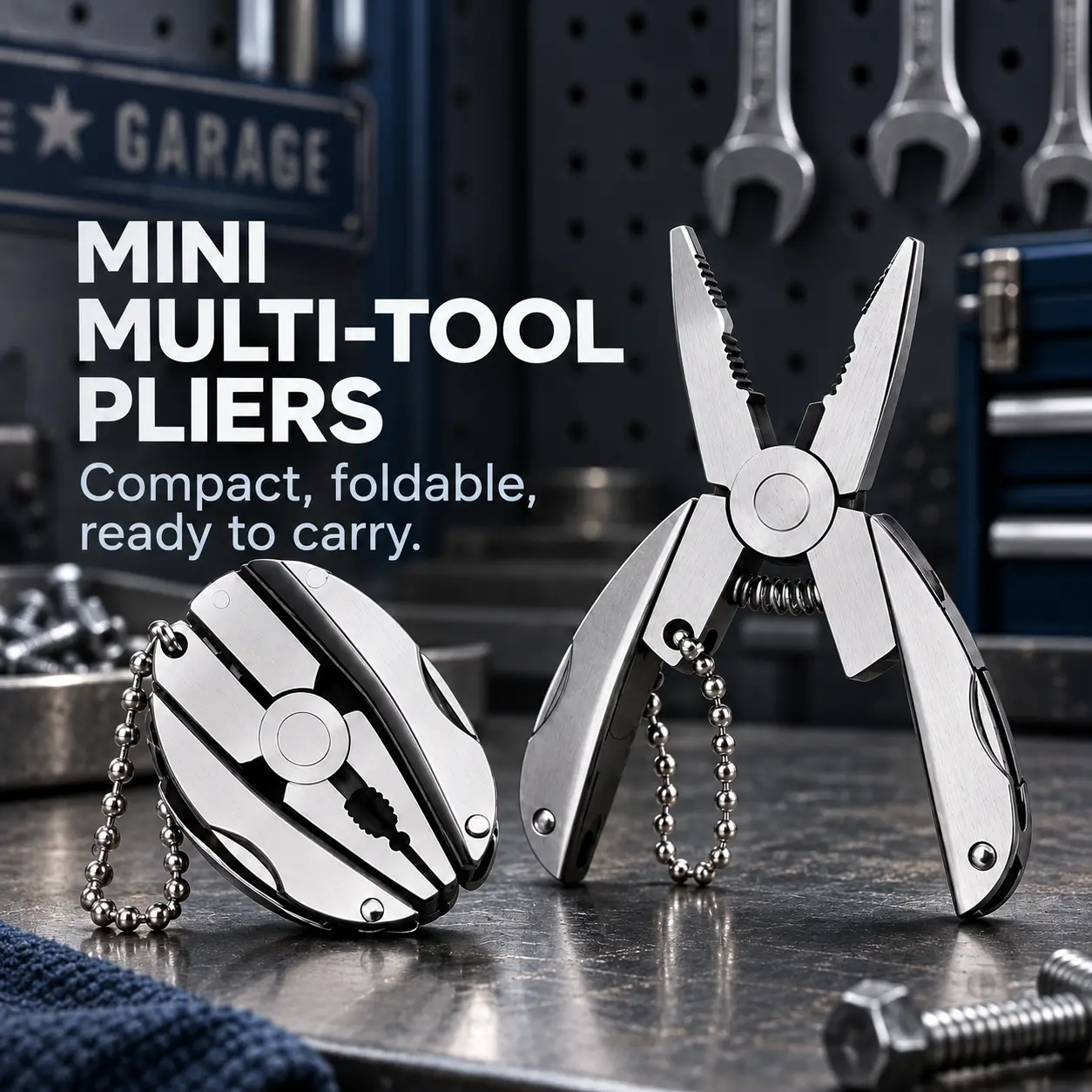 Mini Folding Multi-Tool Pliers with Ball Chain and Storage Pouch, Compact 7.3 x 5.5 cm Pocket Repair Tool with Pliers, Wire Cutter, Flathead & Phillips Screwdrivers, Nail File for Home, Car, Office and Outdoor Use