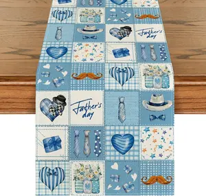 Plaid Flowers Vases Blue Heart Father's Day Table Runner,Happy Papa's Day Kitchen Dining Table Decoration for Home Party Decor 13x72 Inch