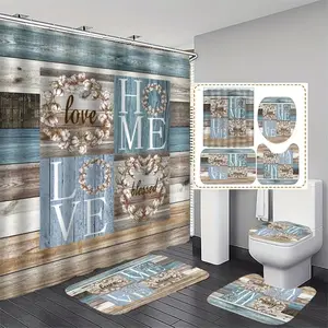 Floral & Love Home Pattern Bathroom Set, 4 Counts/set Including Shower Curtain (with 12 Curtain Hooks), Toilet Lid Cover, Rectangular Mat, U-shaped Mat