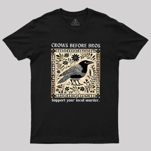 Unisex Vintage Washed "Crows Before Bros" Graphic T-Shirt Art Nouveau Crow Illustration Design Oversized Soft Cotton Short Sleeve Crew Neck Top Gothic Streetwear Tee For Crow Lovers & Dark Academia Fans