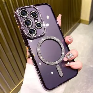 For Samsung Galaxy Luxury Sparkly Crystal Clear Case For Samsung Galaxy S24 Plus S23 S22 Ultra Magsafe Magnetic Wireless Charge Lens Film Cover
