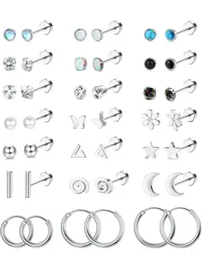 21Pairs Flat Back Earrings Stainless Steel silver Stud Hoop Earrings Set for Women Hypoallergenic Cartilage Helix CZ Opal Star Moon 20G Small Stud Earring Piercing Jewellery Stud Earring Jewelry Ear Studs Fashionable Jewelry