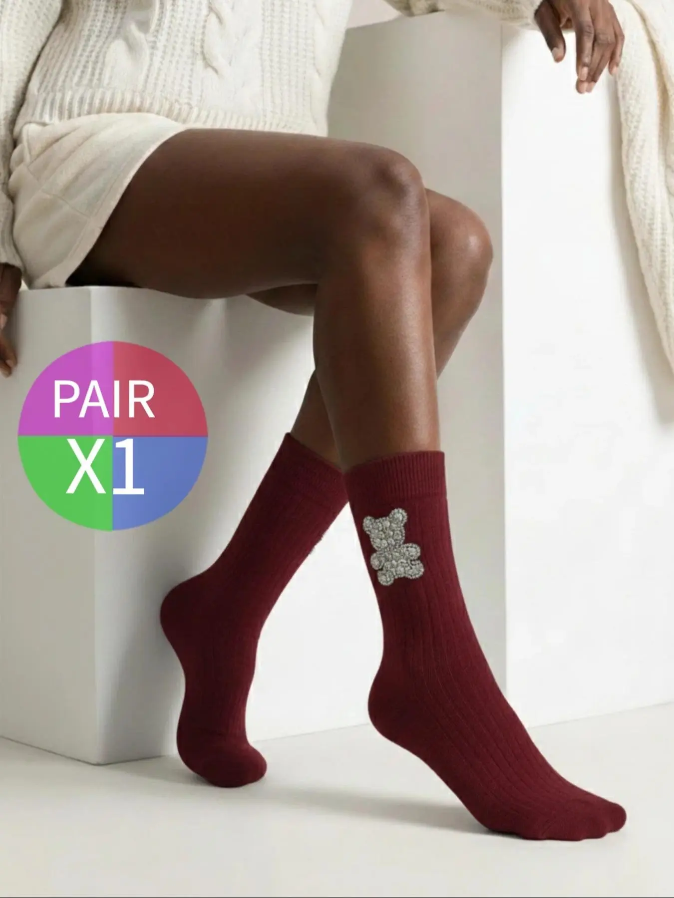 1 Pair of Adorable Diamond Bear 3D Pattern Mid-Calf Socks, Animal Print, Party Sparkle Pattern Socks, Women's Mid-Calf Socks, All-Season Style