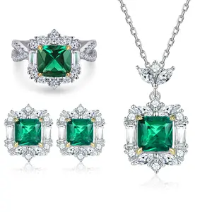 Luxurious 925 silver emerald artificial gemstone jewelry set, featuring a green cubic zirconia ring and emerald necklace, offers a high-end feel for women, suitable as a gift for mothers, couples, or for wearing at banquets
