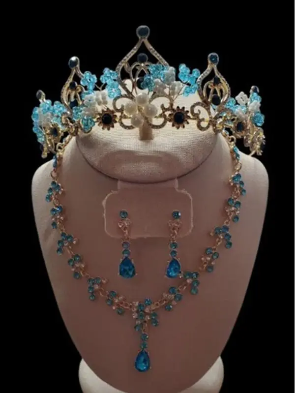 US Seller Quinceañera Blue Crystal & Pearl Crown Jewelry Set Gold Bridal Tiara Necklace Earrings