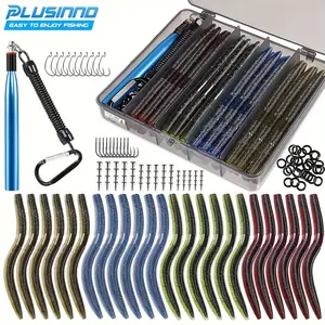 PLUSINNO 133PCS Wacky Worm Fishing Lure Kit, Soft Plastic Fishing Lures, Grub Baits Hook Wacky Rig Bass Trout Fishing Worms Lures w/Tackle Box