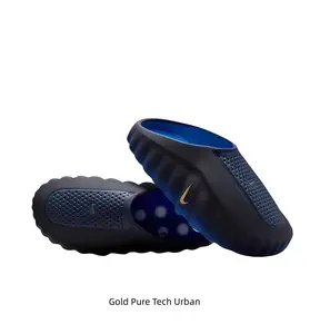 Black-Blue Gradient Mule Slides, Gold Accent, Silver-Grey Cushioning Massage Outsole, Perforated Upper, Futuristic Tech Slides